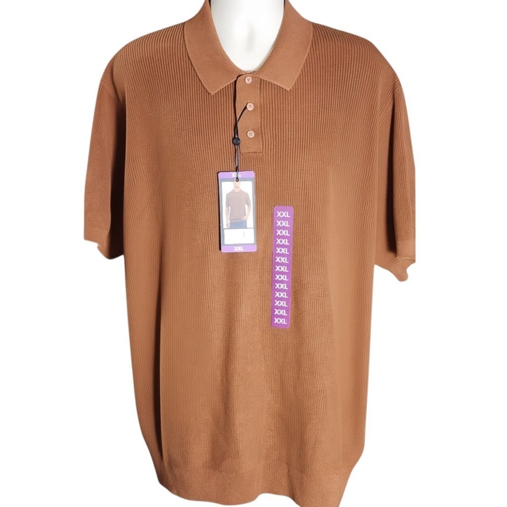 DKNY Mens Sweater Polo Ribbed Knit 100% Cotton Orange Brown XXL 2XL Top Pullover